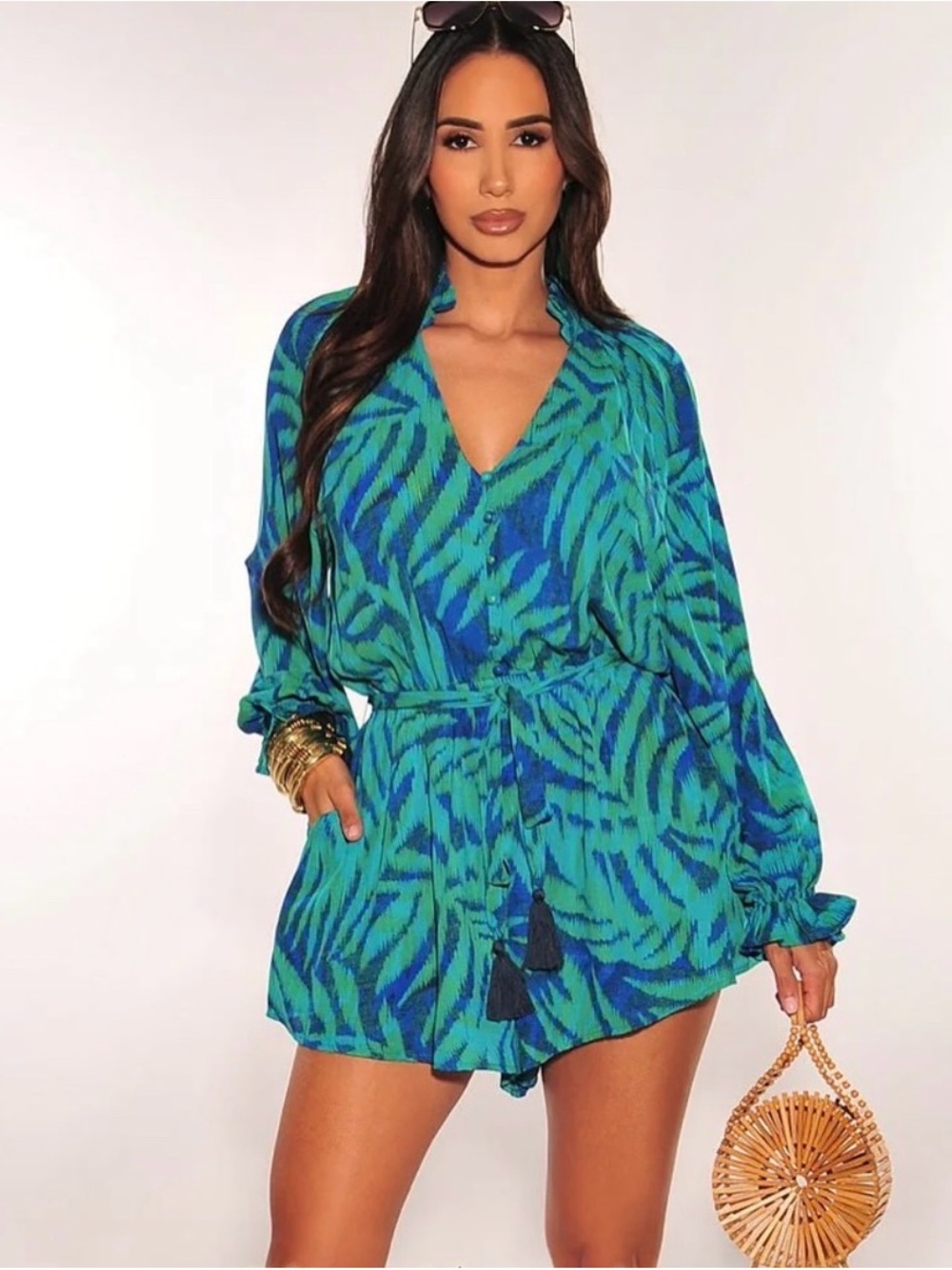 Tropic Blue-Green Long Sleeve Romper